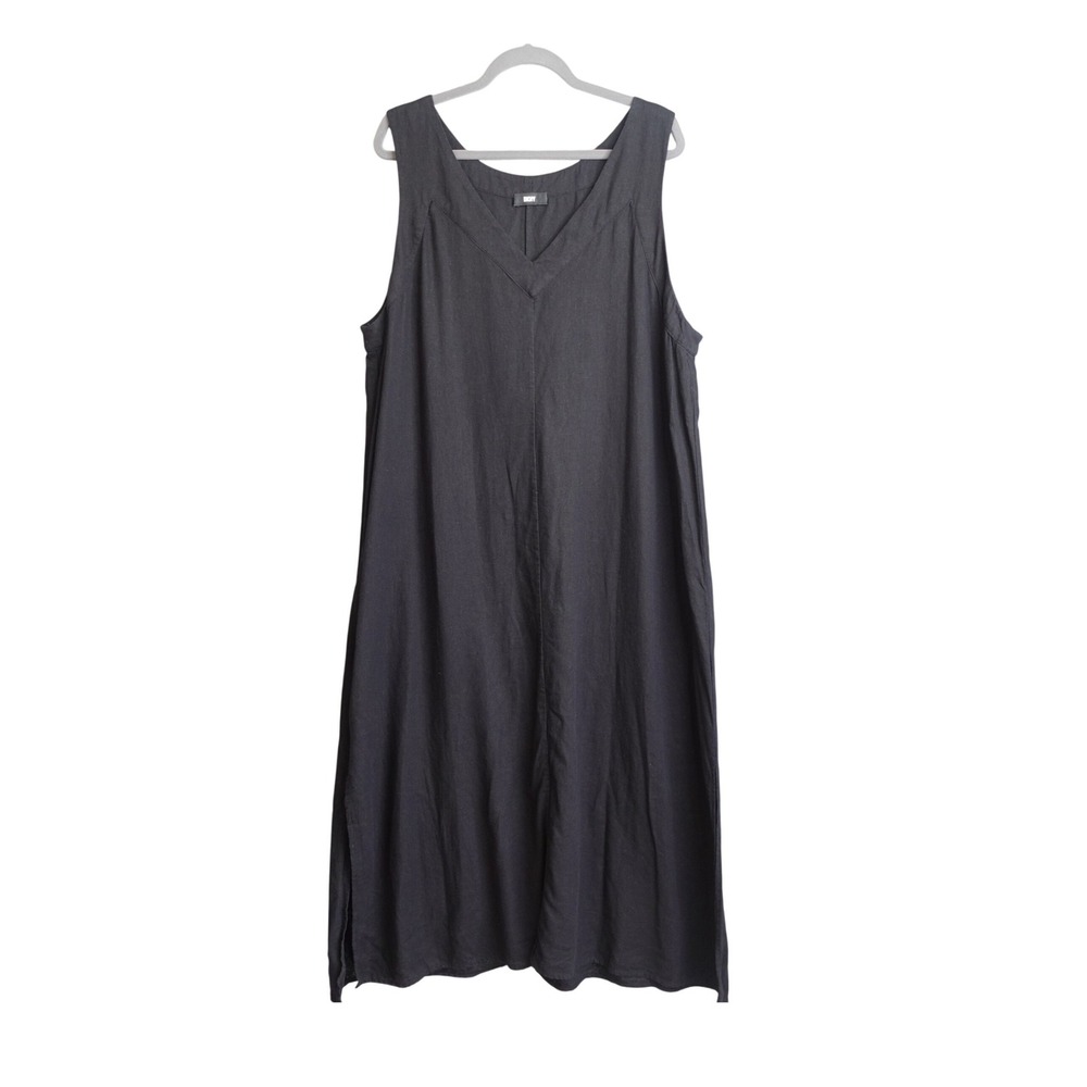 DKNY Linen Midi Dress Womens XL Black Sleeveless V Neck Lagenlook Minimalist
